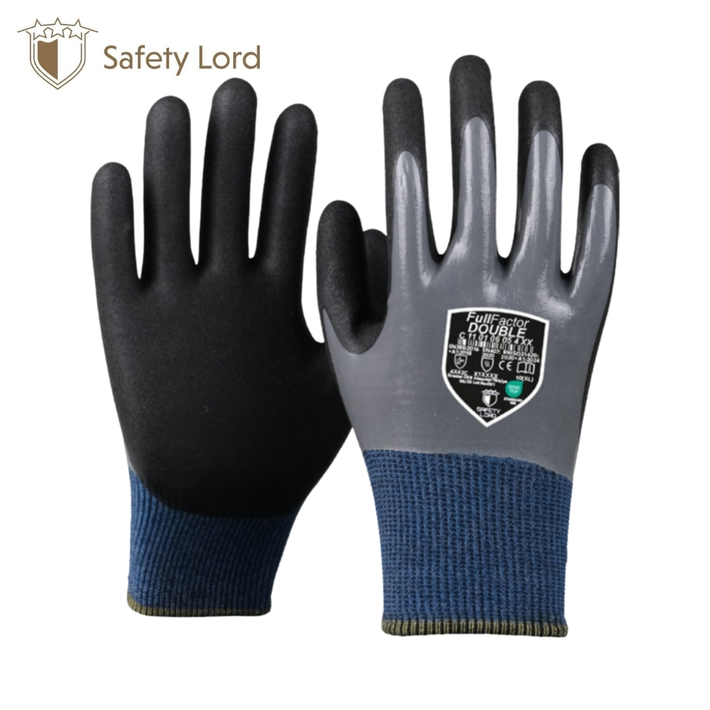 Pair of black and gray safety gloves with blue knit cuffs, designed for hand protection in work environments, logo visible in corner (Safety Lord).