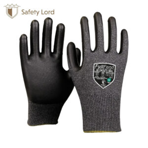 Pair of black rubber-coated safety gloves with knitted cuffs; FullFend branding visible on the back of one glove.
