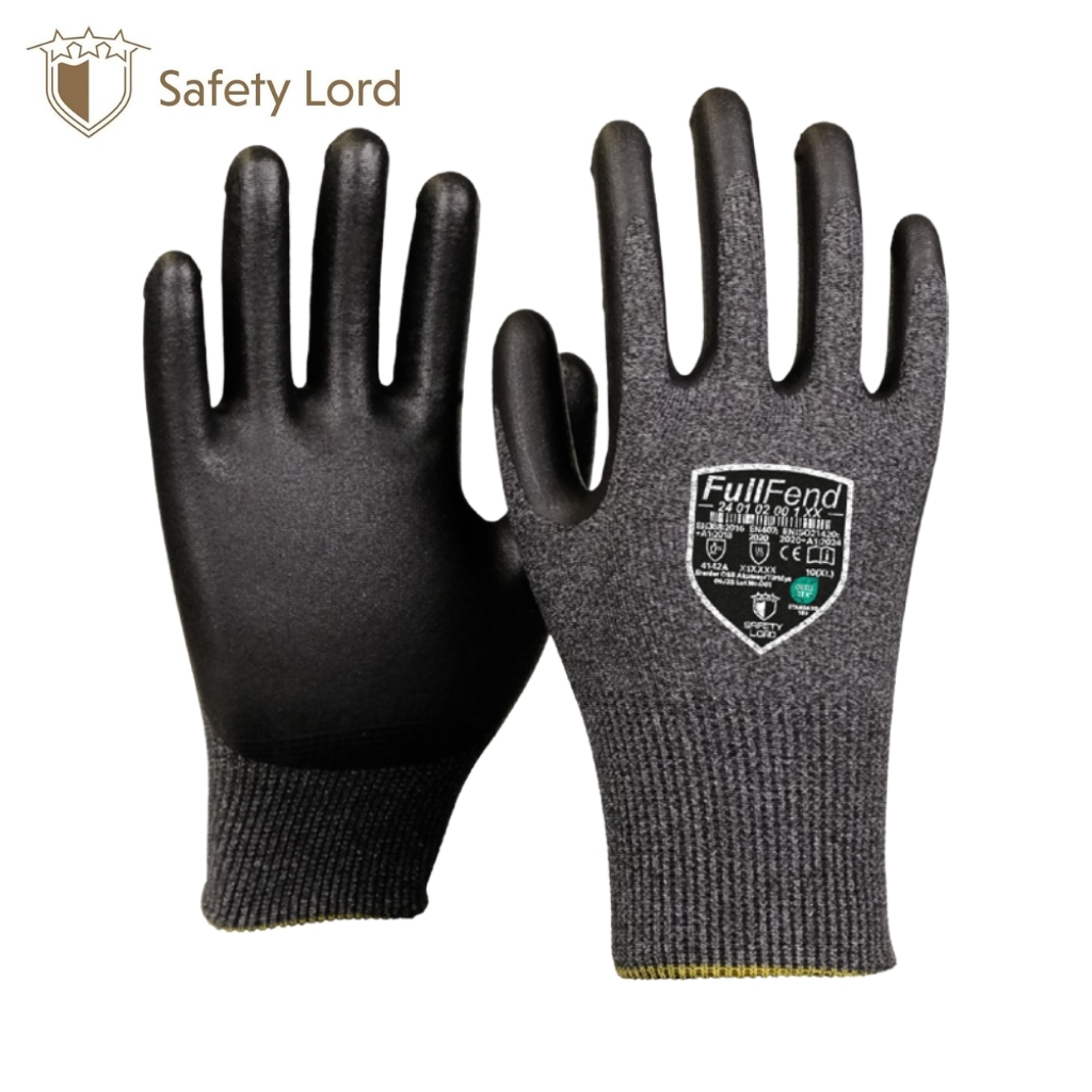 Pair of black rubber-coated safety gloves with knitted cuffs; FullFend branding visible on the back of one glove.