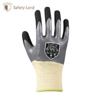 Gray goalkeeper glove with black fingertips and beige wrist strap, displaying a FullFire Double shield logo; Safety Lord branding in the top-left corner.