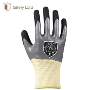 Gray goalkeeper glove with black fingertips and beige wrist strap, displaying a FullFire Double shield logo; Safety Lord branding in the top-left corner.