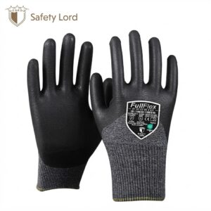Pair of black safety gloves with textured palms and gray knit cuffs on a white background.