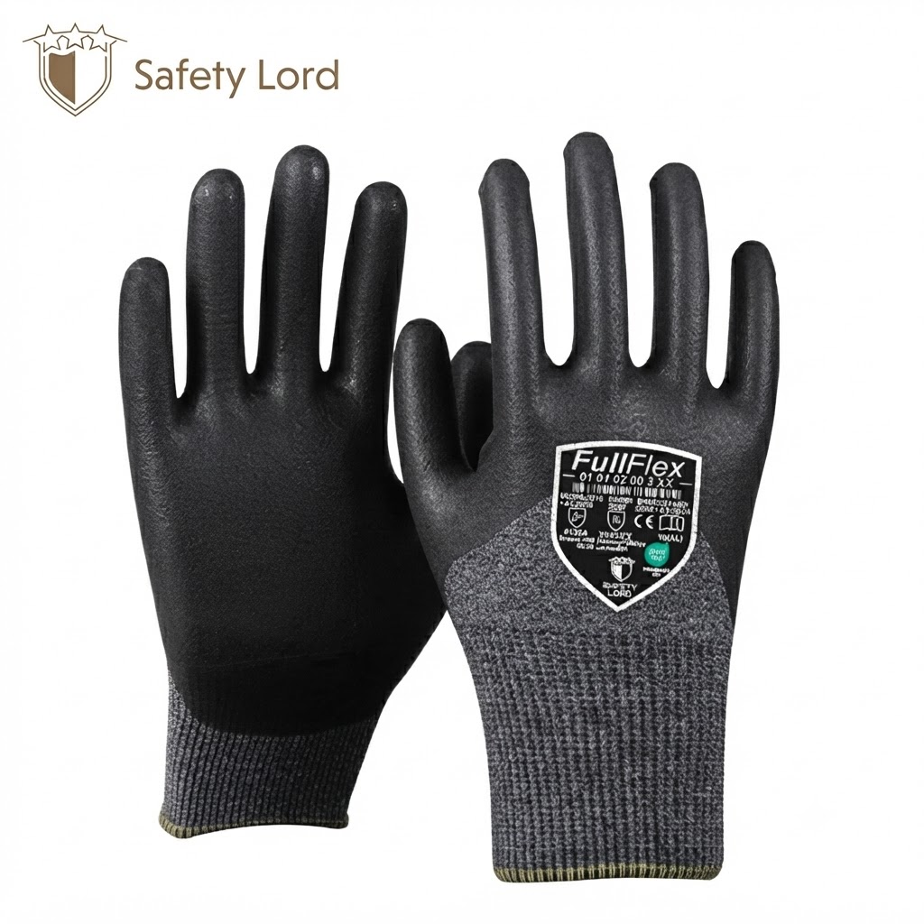 Pair of black safety gloves with textured palms and gray knit cuffs on a white background.