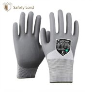 Pair of gray FullFlex safety gloves with white knit cuffs, shown front and back for protection workwear.