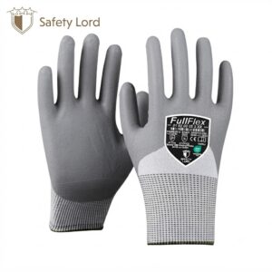 Pair of gray FullFlex safety gloves with white knit cuffs, shown front and back for protection workwear.