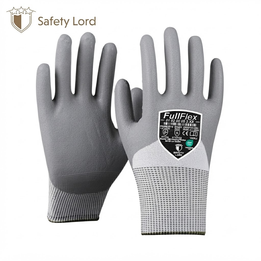Pair of gray FullFlex safety gloves with white knit cuffs, shown front and back for protection workwear.