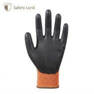 Black protective glove with an orange knit cuff on a white background; Safety Lord logo in the top-left corner.