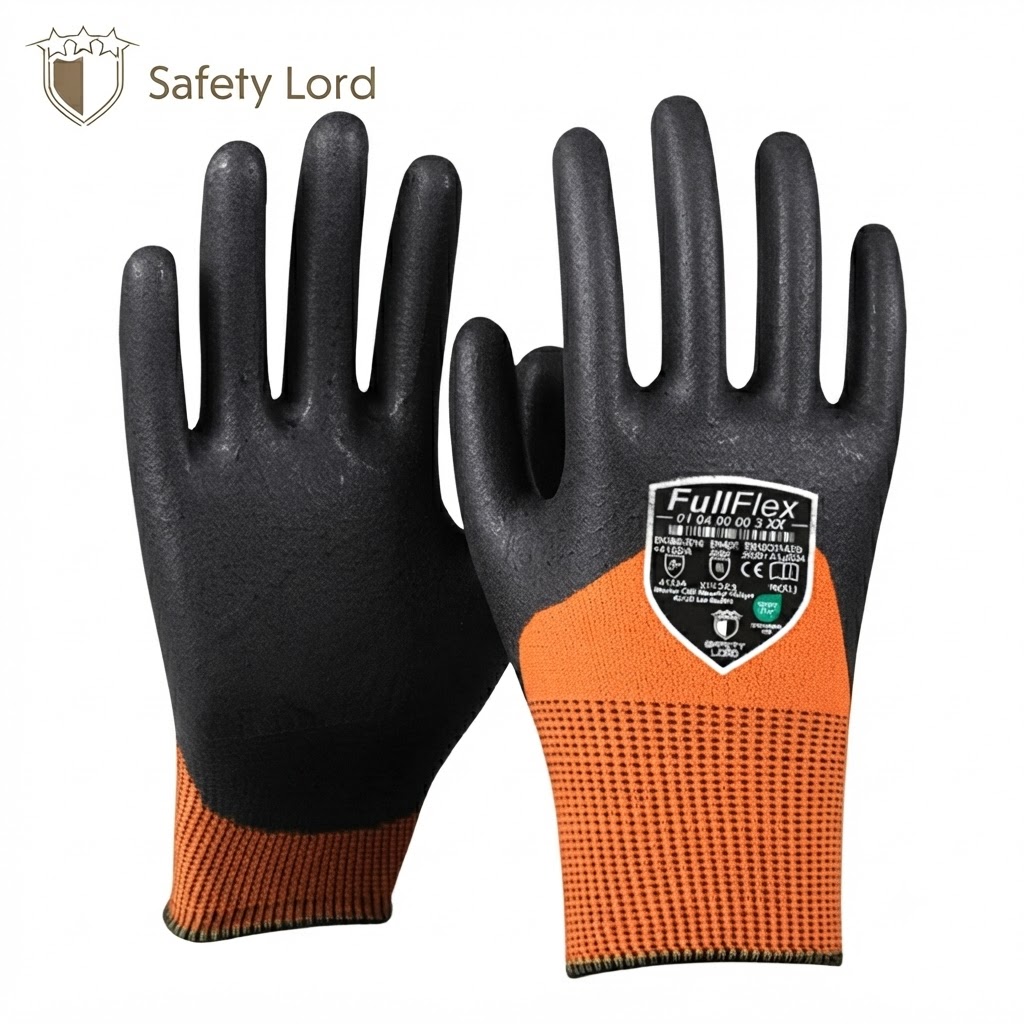 Black and orange safety gloves with a protective label on the back, brand 'Safety Lord' visible in the corner.