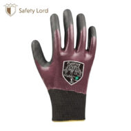 Purple FullFlex Double work glove with black textured fingertips and a ribbed wrist cuff, labeled for safety use.
