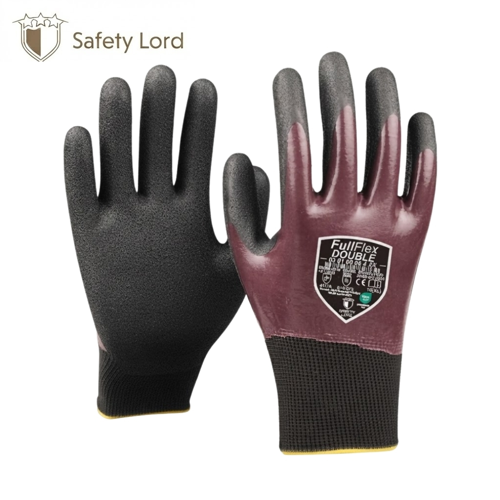 Pair of coated work gloves: black palms, maroon backs with textured grip on fingers; Safety Lord branding in the corner.