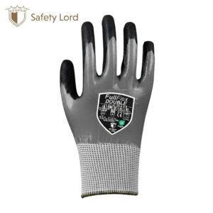 Grey protective work glove with black-coated fingertips and a FullFlex Double badge on the back of the hand.