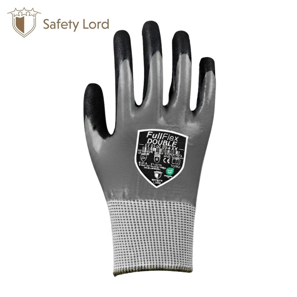 Grey protective work glove with black-coated fingertips and a FullFlex Double badge on the back of the hand.