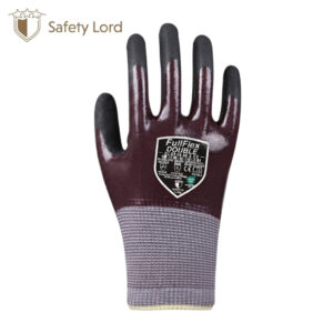 Maroon FullFlex Double protective glove with grey knit cuff, showing a shield label on the back.