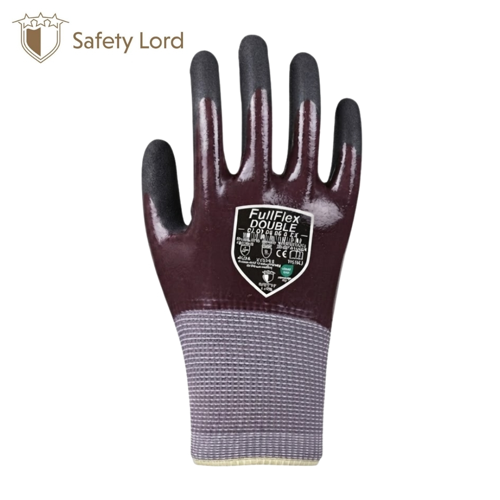 Maroon FullFlex Double protective glove with grey knit cuff, showing a shield label on the back.