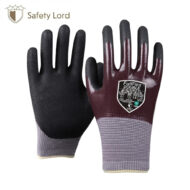 Pair of protective work gloves: black textured palms and maroon backs with gray knit cuffs, labeled FullFlex Double, Safety Lord branding