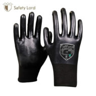Pair of black, glossy safety gloves with knit cuffs and a 'FullForce' label on the right glove, set against a white background.