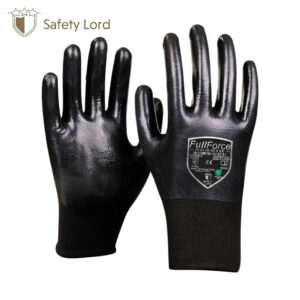 Pair of black, glossy safety gloves with knit cuffs and a 'FullForce' label on the right glove, set against a white background.