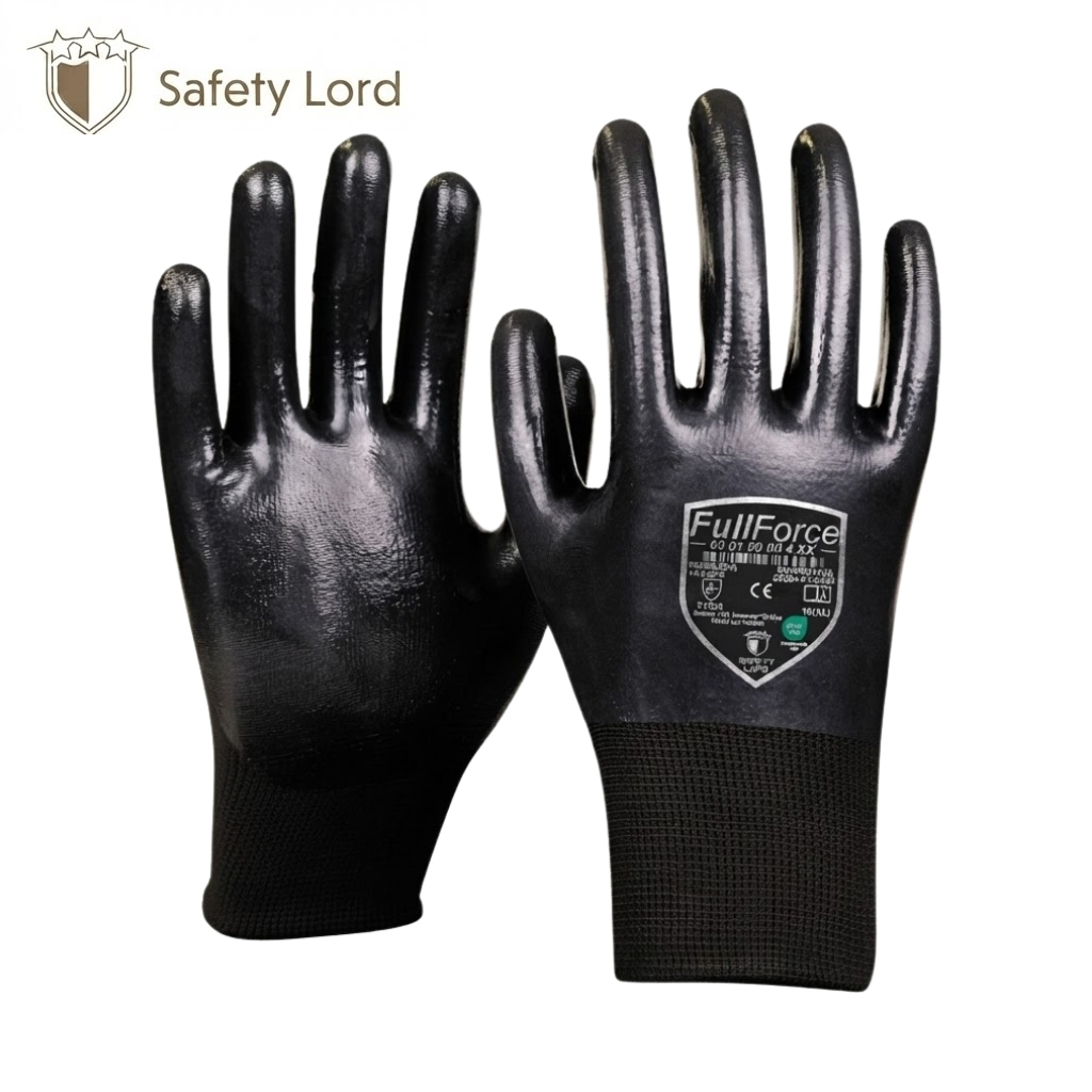 Pair of black, glossy safety gloves with knit cuffs and a 'FullForce' label on the right glove, set against a white background.