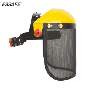 Essafe welding face shield with a yellow helmet top, black frame, and mesh viewing visor.