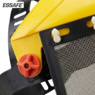 Close-up of a yellow construction tool with a red rotary knob and a metal mesh grille, branding 'ESSAFE' visible in the corner.