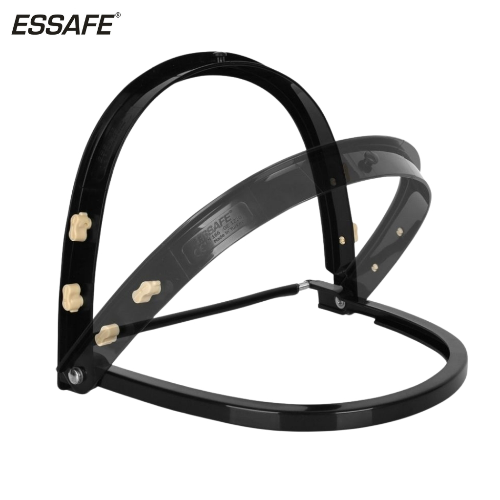 Black Essafe face shield frame with a curved transparent visor, shown angled for protection use.