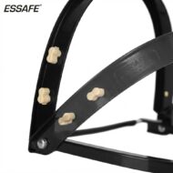 Close-up of a black strap with beige knob-like fasteners, part of an ESSAFE product.