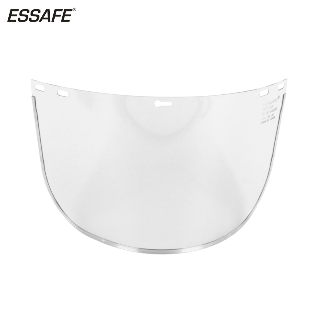 Clear protective face shield visor with mounting holes along the top edge, branded ESSAFE – designed for face protection.