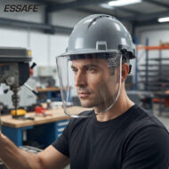 Man wearing a gray hard hat with a clear face shield in a busy workshop. ESSAFE logo visible on the helmet.
