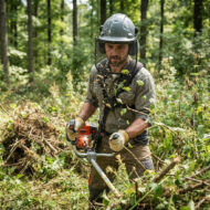 Forestry worker in safety gear uses a chainsaw to cut through branches in a wooded area, wearing a helmet and face shield.