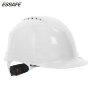 White safety hard hat with an adjustable chin strap, used for head protection on construction sites.