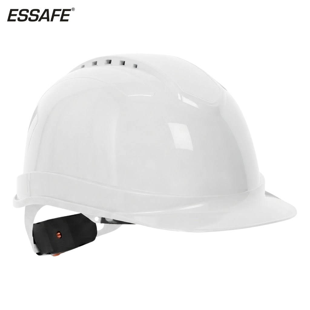 White safety hard hat with an adjustable chin strap, used for head protection on construction sites.