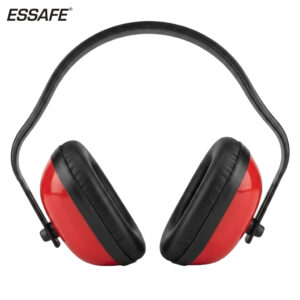Red and black over-ear safety earmuffs with cushioned ear cups and adjustable headband (brand: ESSAFE)