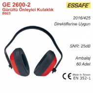 Red and black noise-reducing earmuffs by ESSAFE, model GE 2600-2, SNR 25 dB, packaged as 60 pairs; Made in Taiwan, EN 352-1.