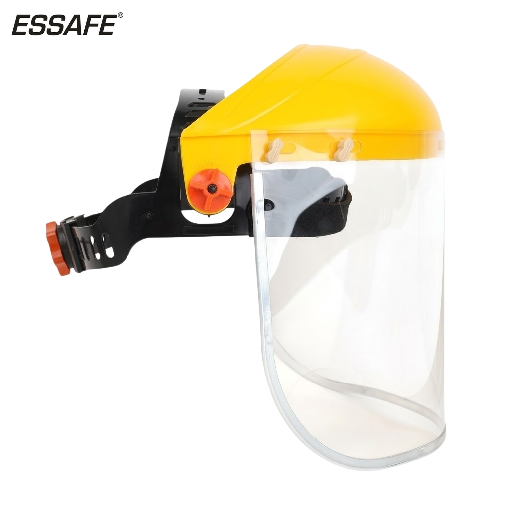 Protective face shield with a yellow visor, clear face shield, and adjustable black headband (ESSAFE brand).
