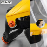 Close-up of a yellow safety headgear with an orange adjustment knob and beige strap sliders; ESSAFE logo visible.