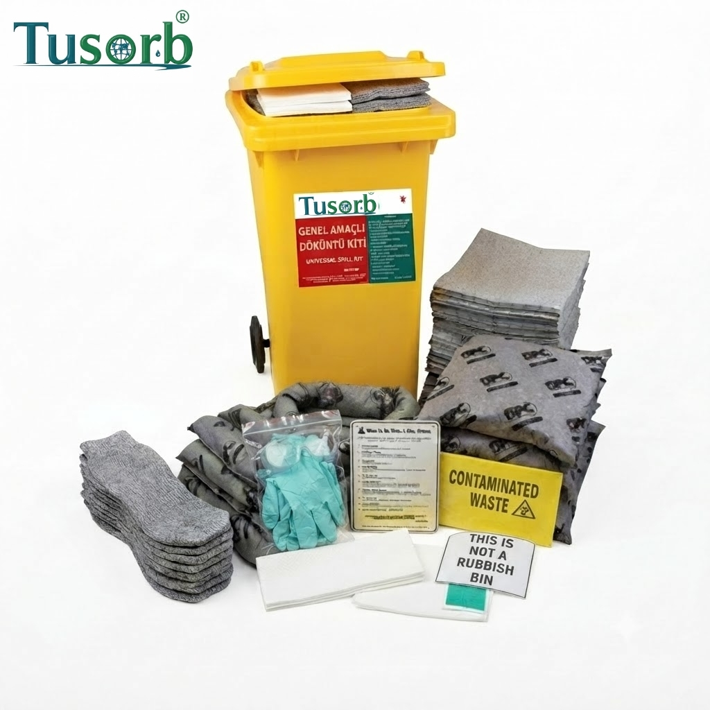 Yellow spill-kit with a wheeled yellow bin, absorbent pads, gloves, rags, and signs reading Contaminated Waste and This is Not a Rubbish Bin