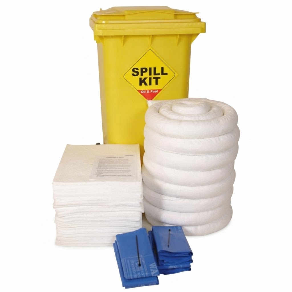 Yellow spill kit container labeled Spill Kit with white absorbent rolls and stacked pads in front.