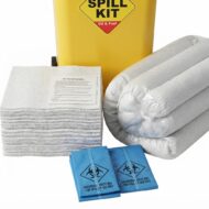 Spill kit with yellow container, absorbent pads, gray mat, and blue hazardous waste bags for oil and fuel spills