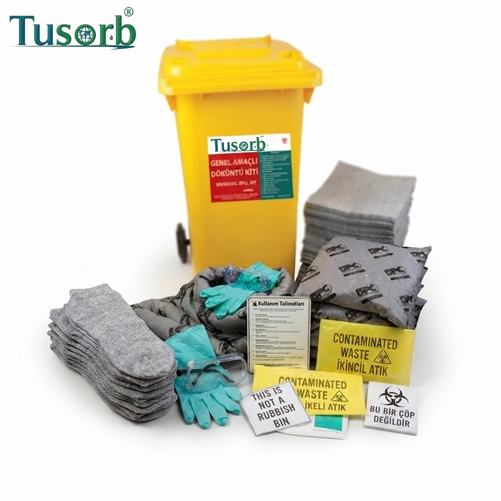 Yellow waste bin with lid and Tusorb branding, surrounded by safety gear (gloves, goggles) and bags labeled Contaminated Waste — a medical waste disposal kit.