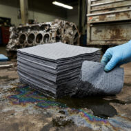 Industrial workshop scene with a gloved hand lifting a gray absorbent mat from a stack, oil spill on the floor nearby, engine block visible in the background.