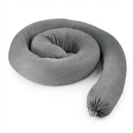 Gray knitted travel neck pillow coiled into a circular shape on a white background.
