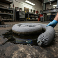 Gloved hand places a gray oil-absorbent sock into a dark oil spill on a workshop floor.