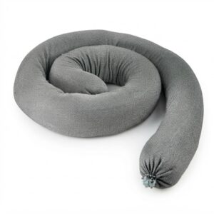 Gray knitted travel neck pillow coiled into a circular shape on a white background.
