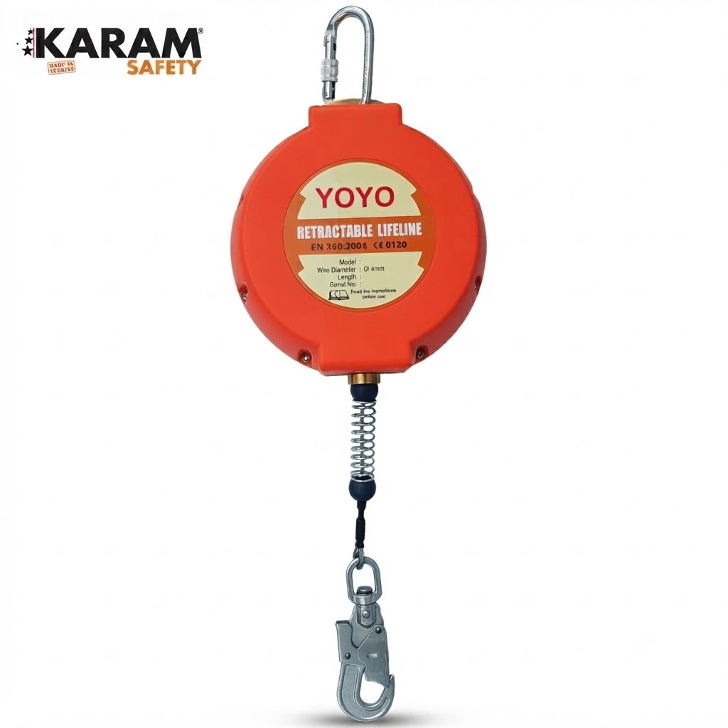 Orange KARAM safety retractable lifeline (YOYO) with a metal carabiner hook at top and a coiled tether ending in a steel hook slot for anchor point