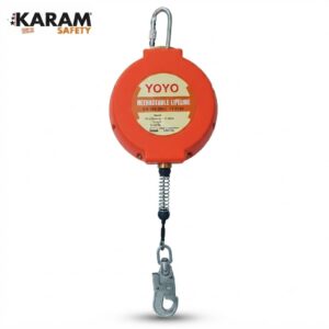 Orange YOYO retractable lifeline by KARAM Safety with a metal hook at the end for fall protection.