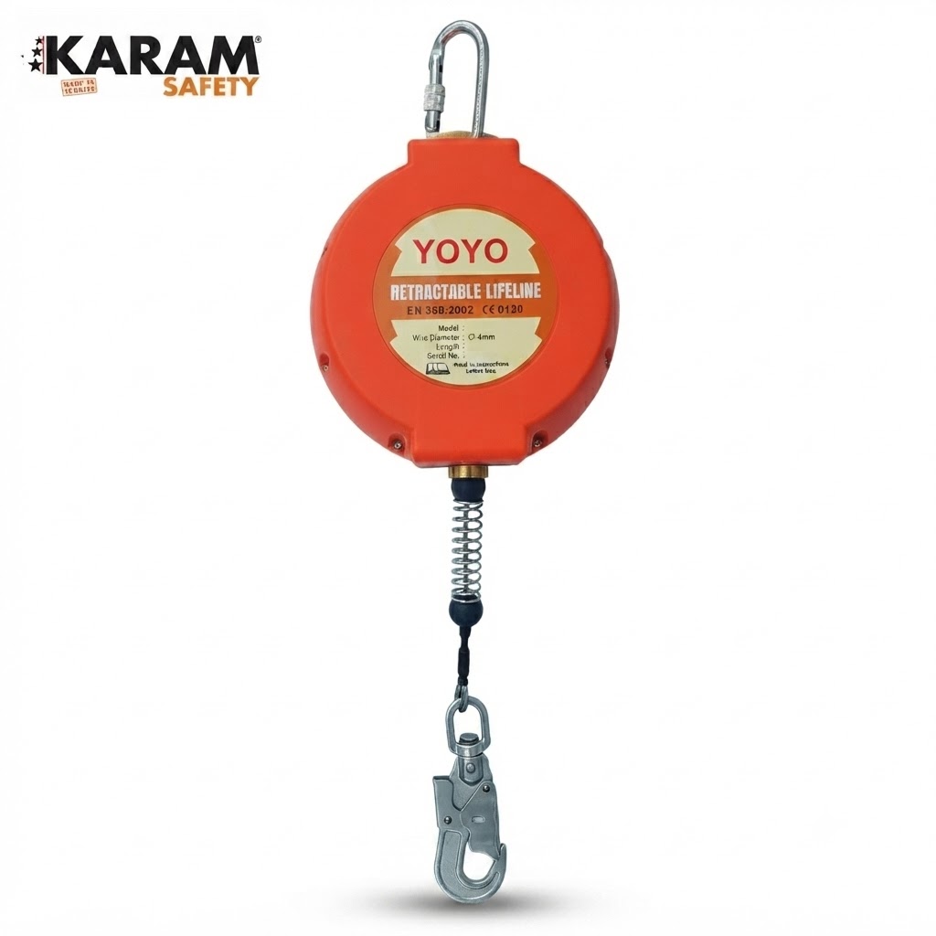 Orange YOYO retractable lifeline by KARAM Safety with a metal hook at the end for fall protection.