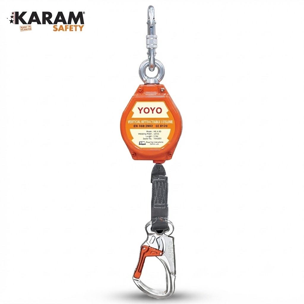 Orange YOYO vertical retractable lifeline with carabiner, used for fall protection by KARAM Safety