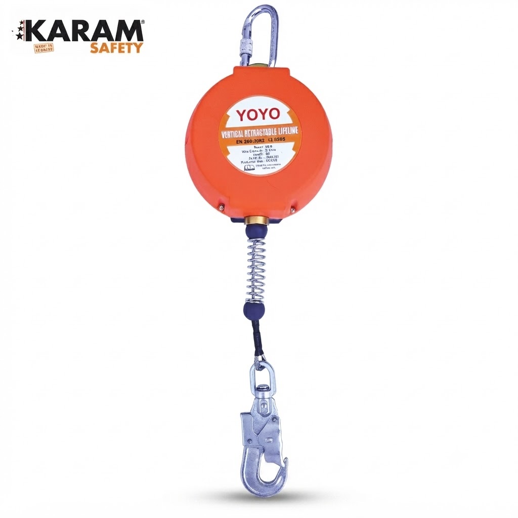 Orange retractable lanyard (yo-yo) with a metal hook at the bottom, branded KARAM Safety