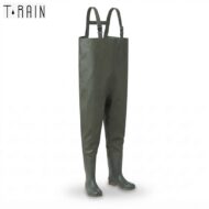 Green waterproof waders with adjustable suspenders and rubber boots, standing upright and ready for outdoor use