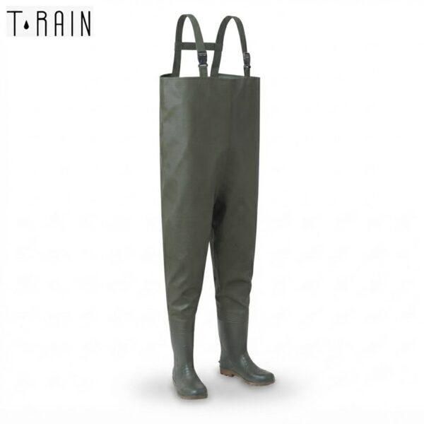 Green waterproof waders with adjustable suspenders and rubber boots, standing upright and ready for outdoor use
